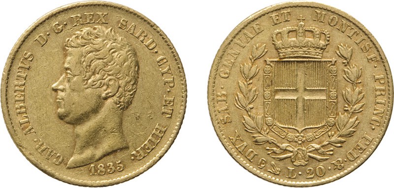 REGNO DI SARDEGNA. CARLO ALBERTO (1831-1849).
20 LIRE 1835 GENOVA
Oro, 6,45 gr...