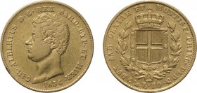 REGNO DI SARDEGNA. CARLO ALBERTO (1831-1849).
20 LIRE 1836 GENOVA
Oro, 6,42 gr, 21 mm. BB.
D: CAR . ALBERTUS D . G . REX SARD . CYP . ET HIER . Tes...