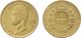 REGNO DI SARDEGNA. CARLO ALBERTO (1831-1849).
20 LIRE 1838 GENOVA 
Oro, 6,40 gr, 21 mm. Esemplare sabbiato. Lievi colpetti e piccola mancanza al R, ...