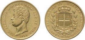 REGNO DI SARDEGNA. CARLO ALBERTO (1831-1849).
20 LIRE 1838 GENOVA 
Oro, 6,41 gr, 21 mm. BB+.
D: CAR . ALBERTUS D . G . REX SARD . CYP . ET HIER . T...
