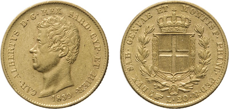 REGNO DI SARDEGNA. CARLO ALBERTO (1831-1849).
20 LIRE 1839 TORINO
Oro, 6,45 gr...