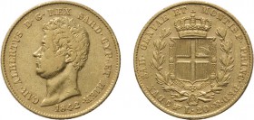 REGNO DI SARDEGNA. CARLO ALBERTO (1831-1849).
20 LIRE 1842 TORINO
Oro, 6,38 gr, 21 mm. MB+. Rara.
D: CAR . ALBERTUS D . G . REX SARD . CYP . ET HIE...