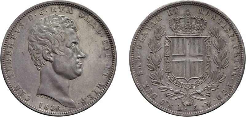 REGNO DI SARDEGNA. CARLO ALBERTO (1831-1849).
5 LIRE 1836 GENOVA 
Argento, 24,...
