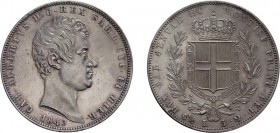 REGNO DI SARDEGNA. CARLO ALBERTO (1831-1849).
5 LIRE 1843 GENOVA 
Argento, 24,94 gr, 37 mm. Lievi colpetti sul bordo, qSPL.
D: CAR . ALBERTUS D. G....