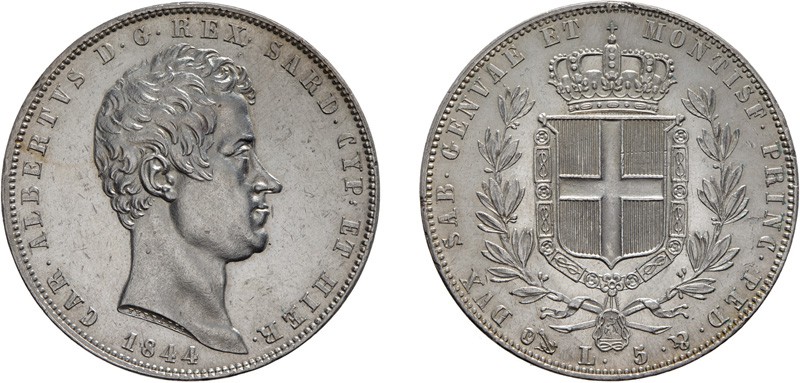REGNO DI SARDEGNA. CARLO ALBERTO (1831-1849).
5 LIRE 1844 GENOVA 
Argento, 25,...