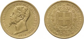 REGNO DI SARDEGNA. VITTORIO EMANUELE II (1849-1861).
20 LIRE 1856 TORINO
Oro, 6,41 gr, 21 mm. Lievissimi colpetti sul bordo, BB+. Estremamente Rara....