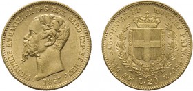 REGNO DI SARDEGNA. VITTORIO EMANUELE II (1849-1861).
20 LIRE 1857 TORINO
Oro, 6,45 gr, 21 mm. SPL+
D: VICTORIUS EMMANUEL II . D . G . REX SARD . CY...