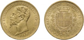 REGNO DI SARDEGNA. VITTORIO EMANUELE II (1849-1861).
20 LIRE 1858 GENOVA 
Oro, 6,45 gr, 21 mm. SPL+
D: VICTORIUS EMMANUEL II . D . G . REX SARD . C...