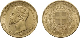 REGNO DI SARDEGNA. VITTORIO EMANUELE II (1849-1861).
20 LIRE 1859 TORINO
Oro, 6,45 gr, 21 mm. SPL+
D: VICTORIUS EMMANUEL II . D . G . REX SARD . CY...