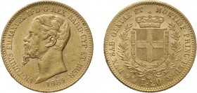 REGNO DI SARDEGNA. VITTORIO EMANUELE II (1849-1861).
20 LIRE 1859 GENOVA 
Oro, 6,45 gr, 21 mm. Segnetto nel campo al R. Buon SPL.
D: VICTORIUS EMMA...
