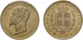 REGNO DI SARDEGNA. VITTORIO EMANUELE II (1849-1861).
20 LIRE 1860 MILANO
Oro. In slab PCGS. AU 58
D: VICTORIUS EMMANUEL II . D . G . REX SARD . CYP...