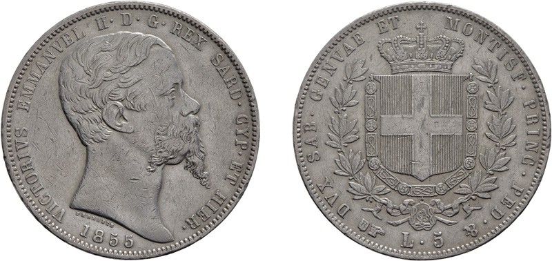 REGNO DI SARDEGNA. VITTORIO EMANUELE II (1849-1861).
5 LIRE 1855 TORINO 
Argen...