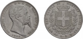 REGNO DI SARDEGNA. VITTORIO EMANUELE II (1849-1861).
5 LIRE 1855 TORINO 
Argento, 24,90 gr, 37 mm. Lievi colpetti sul bordo e nel campo al R. Buon B...