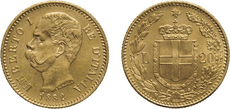 REGNO D'ITALIA. UMBERTO I. 20 LIRE 1882 1 ROVESCIATO
Roma. Oro, 6,44 gr, 21 mm,...