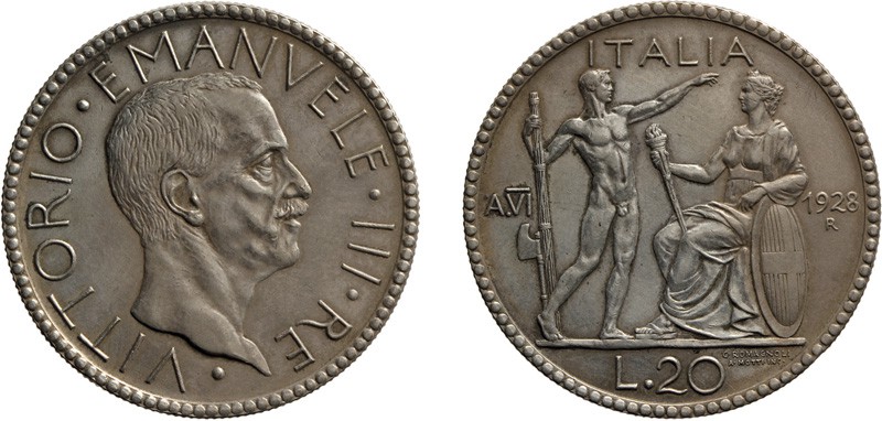 REGNO D'ITALIA. VITTORIO EMANUELE III (1900-1943). 
20 LIRE LITTORE 1928 ANNO V...