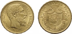 ZECCHE ESTERE. BELGIO. LEOPOLDO II (1865-1909).
20 FRANCHI 1871
Oro, 6,45 gr, 21mm. qFDC
D: LEOPOLD II // ROI DES BELGES Testa a destra. Sotto, 187...