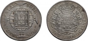 ZECCHE ESTERE. BRASILE. RIO DE JANEIRO.
JOAO VI PRINCIPE REGGENTE (1810-1822).
960 REIS 1820 
Argento, 27 gr, 40 mm. SPL.

Moneta coniata su un 8...