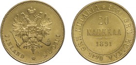 ZECCHE ESTERE. RUSSIA. ALESSANDRO III (1881-1894). 20 MARKKAA
Monetazione per la Finlandia. Oro, 6,45 gr, 21 mm. qFDC
D: Aquila bicipite imperiale c...