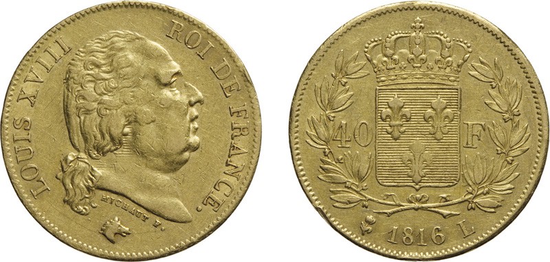 ZECCHE ESTERE. FRANCIA. LUIGI XVIII (1815-1824).
40 FRANCHI 1816 BAYONNE
Oro, ...
