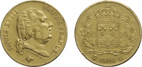 ZECCHE ESTERE. FRANCIA. LUIGI XVIII (1815-1824).
40 FRANCHI 1816 BAYONNE
Oro, 12,88 gr, 26 mm. BB+. Molto raro (3258 esemplari).
D: LOUIS XVIII ROI...