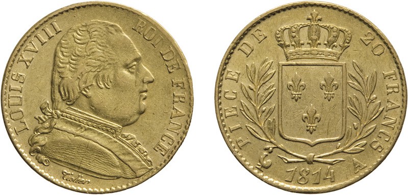 ZECCHE ESTERE. FRANCIA. LUIGI XVIII (1814-1815)
20 FRANCHI 1814 PARIGI
Oro, 6,...