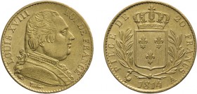 ZECCHE ESTERE. FRANCIA. LUIGI XVIII (1814-1815)
20 FRANCHI 1814 PARIGI
Oro, 6,45 gr, 21 mm. BB+
D: LOUIS XVIII / ROI DE FRANCE Busto del re a destr...