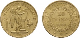 ZECCHE ESTERE. FRANCIA. SECONDA REPUBBLICA (1848-1852).
20 FRANCHI 1848 PARIGI
Oro, 6,43 gr, 21 mm. BB. 
D: REPUBLIQUE FRANCAISE 
R: LIBERTE' EGAL...