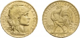 ZECCHE ESTERE. FRANCIA. TERZA REPUBBLICA (1871-1940).
20 FRANCHI 1908 MARIANNE/GALLETTO CONIO ORIGINALE
Oro, 6,43 gr, 21 mm. BB+
D: REPUBLIQUE FRAN...