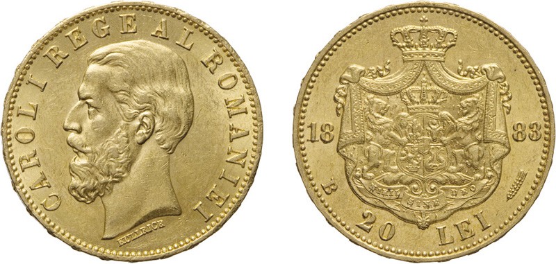 ZECCHE ESTERE. ROMANIA. CARLO I. 
20 LEI 1883
Oro, 6,45 gr, 20 mm. qFDC
D: CA...