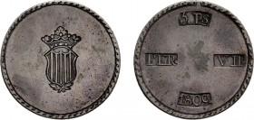 ZECCHE ESTERE. SPAGNA. TARRAGONA. 
FERDINANDO VII (1808-1833). 5 PESETAS, 1809
Argento, 26,44 gr, 39 mm. BB.
D: FER. / VII / 5. Ps / 1809 in quattr...