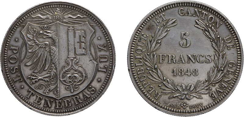 ZECCHE ESTERE. SVIZZERA. CANTONE DI GINEVRA.
5 FRANCHI 1848
Argento, 26 gr, 37...