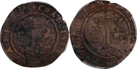 MEXICO. 4 Maravedis, ND (1542)-oMo. Mexico City Mint. Carlos & Johanna. PCGS Genuine--Environmental Damage, VF Details.

KM-3.1; Cal-25; Nesmith-1A....
