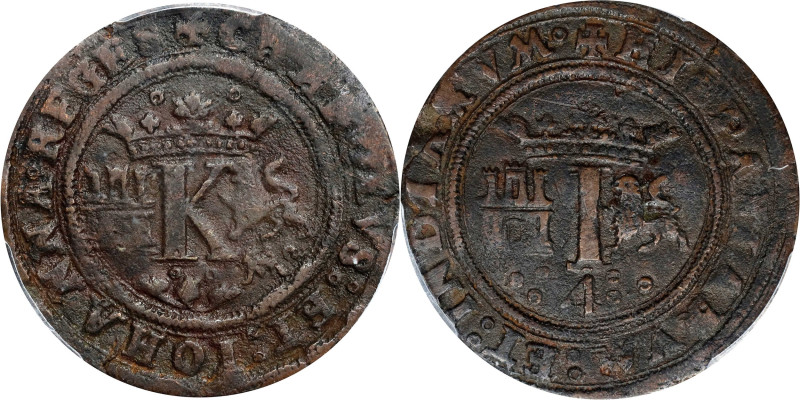 MEXICO. 4 Maravedis, ND (1542)-oMo. Mexico City Mint. Carlos & Johanna. PCGS EF-...