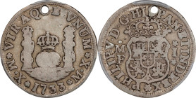 MEXICO. Real, 1733-MX MF. Mexico City Mint. Philip V. PCGS Genuine--Holed, Fine Details.

KM-75.1; Cal-502. The RARE first year of issue for this mi...