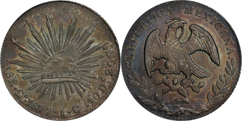 MEXICO. 8 Reales, 1877-Ga IC. Guadalajara Mint. PCGS MS-62.

KM-377.6; DP-Ga58...