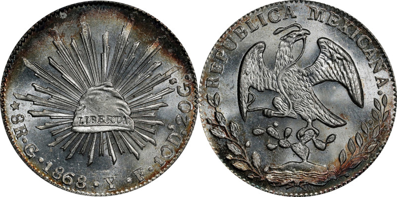 MEXICO. 8 Reales, 1868-Go YF. Guanajuato Mint. PCGS MS-64.

KM-377.8; DP-Go50....