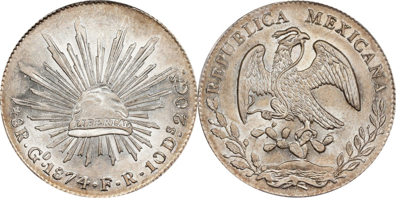 MEXICO. 8 Reales, 1874/3-Go FR. Guanajuato Mint. PCGS MS-62.

KM-377.8; DP-Go5...