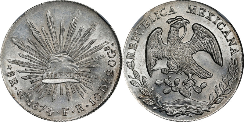 MEXICO. 8 Reales, 1874/3-Go FR. Guanajuato Mint. NGC MS-62.

KM-377.8; DP-Go54...