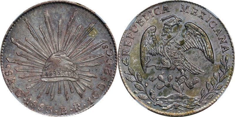 MEXICO. 8 Reales, 1883-Go BR/SR. Guanajuato Mint. NGC MS-61.

KM-377.8; DP-Go6...