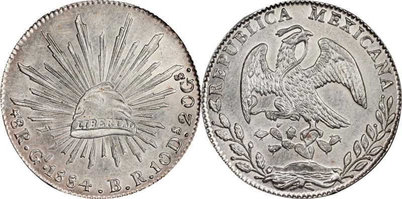 MEXICO. 8 Reales, 1884/74-Go BR. Guanajuato Mint. PCGS MS-62.

KM-377.8; DP-Go...