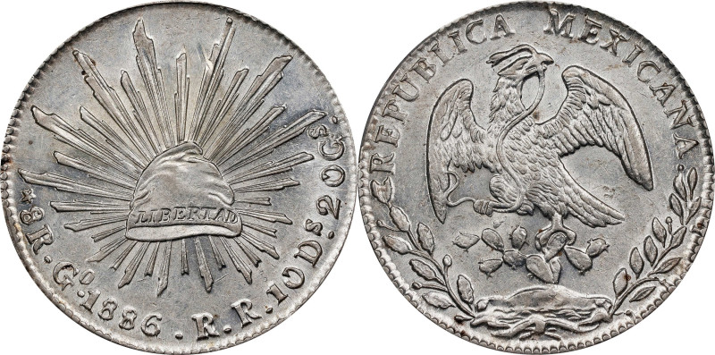 MEXICO. 8 Reales, 1886/76-Go RR. Guanajuato Mint. PCGS AU-58.

KM-377.8; DP-Go...