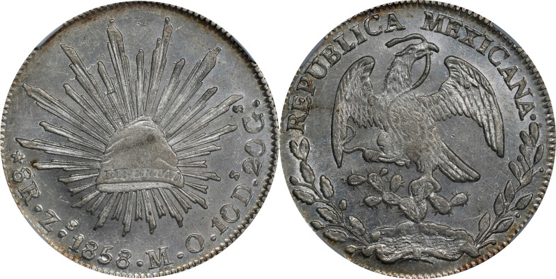 MEXICO. 8 Reales, 1858/7-Zs MO. Zacatecas Mint. NGC MS-62.

KM-377.13; DP-Zs39...