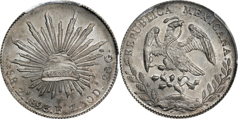 MEXICO. 8 Reales, 1893-Zs FZ. Zacatecas Mint. PCGS MS-62.

KM-377.13; DP-Zs79....