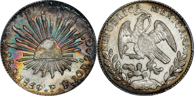 MEXICO. 2 Reales, 1859/7-Go PF. Guanajuato Mint. PCGS AU-55.

KM-374.8. A char...