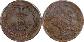 MEXICO. 1/8 Real, 1830-Mo A. Mexico City Mint. PCGS EF-45.

KM-333. A crisply detailed little copper with rich brown patina and glimmery luster in t...