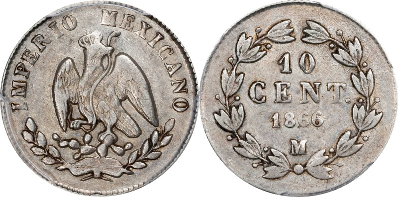 MEXICO. 10 Centavos, 1866-M. Mexico City Mint. Maximilian I. PCGS EF-45.

KM-3...