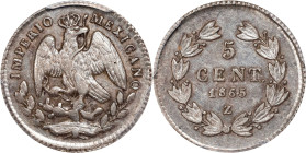 MEXICO. 5 Centavos, 1865-Z. Zacatecas Mint. Maximilian I. PCGS AU-58.

KM-385.3. Well-struck and nearly Mint, this piece serves as a wonderful repre...