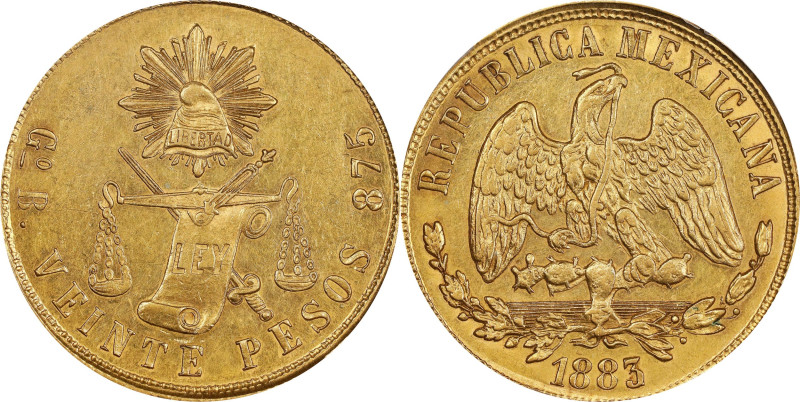 MEXICO. 20 Pesos, 1883/2-Go B. Guanajuato Mint. PCGS MS-62.

Fr-124; KM-414.4....