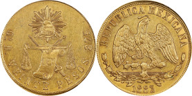 MEXICO. 20 Pesos, 1883/2-Go B. Guanajuato Mint. PCGS MS-62.

Fr-124; KM-414.4. From a reported mintage of 3,705 pieces. Lightly watery luster in the...