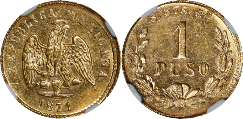 MEXICO. Gold Peso, 1871-Go S. Guanajuato Mint. NGC MS-61.

Fr-161; KM-410.3. A...